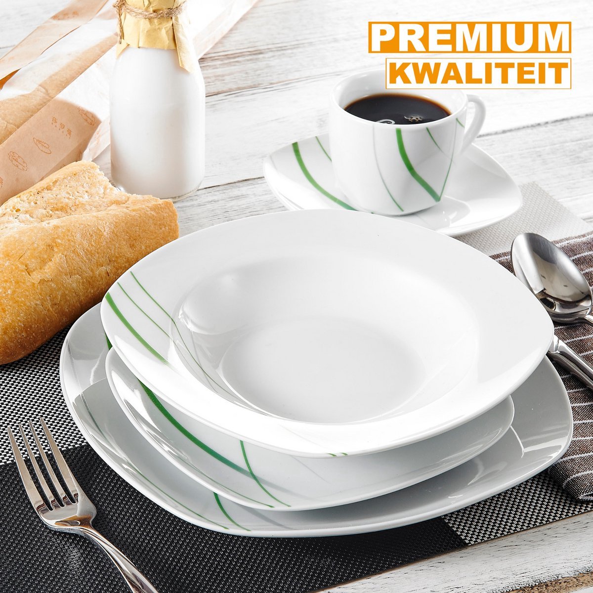 Nobleza Salade Kom - 30 delig - Wit/Groene Strepen - Dinerborden - Bordenset - Diepe borden - Ontbijtborden - Servies - Keukenservies
