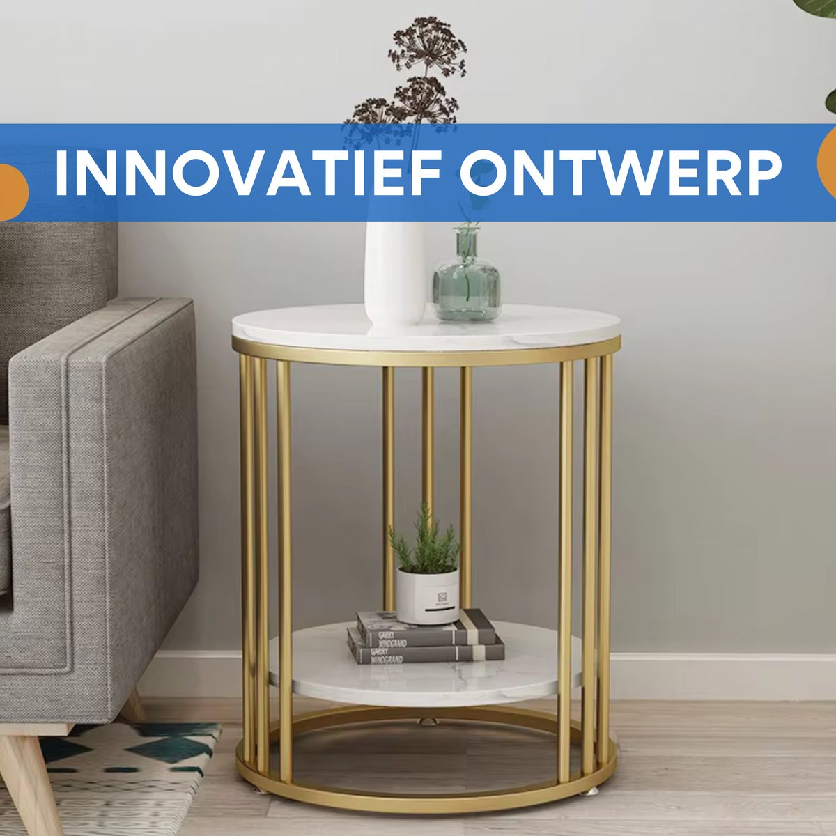 Ronde bijzettafel Malito -Salontafel - Woonkamer - Marmerlook wit - Side table - 40cm