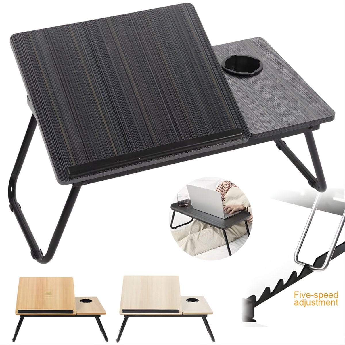 Laptoptafel – Tablethouder - Bedtafel – Voor bed, kantoor of studie – In hoogte verstelbaar met bekerhouder – Beige