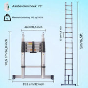 Telescopische Ladder Deluxe - 250CM - Roestvrijstalen Vouwladder - Draagbare Uitschuifbare Loft Ladder - Max. Belasting 150kg/330lb - EN131