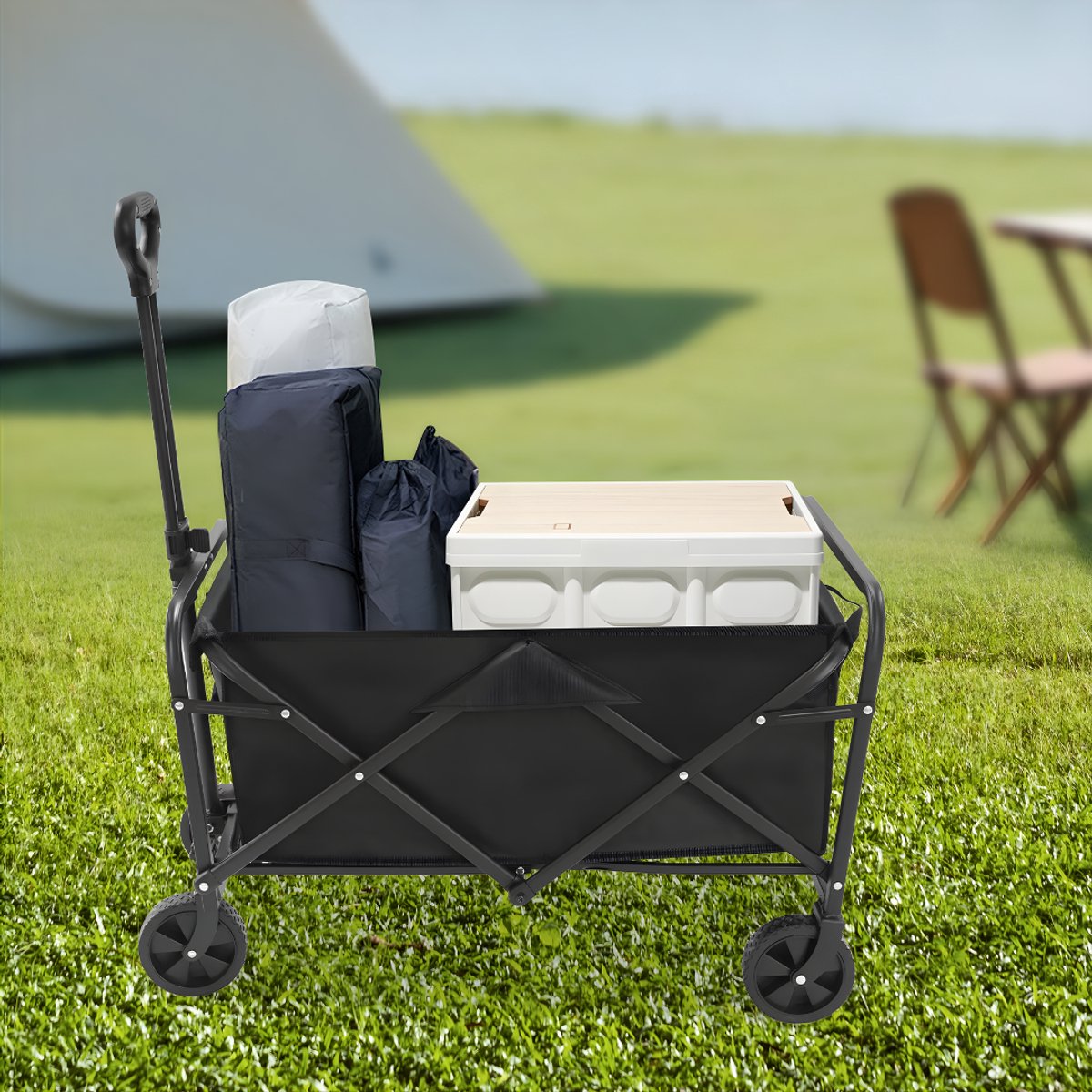 Opvouwbare Bolderkar – Bolderwagen - Voor strand, tuin en camping – Met wielen en duwstang – Zwart