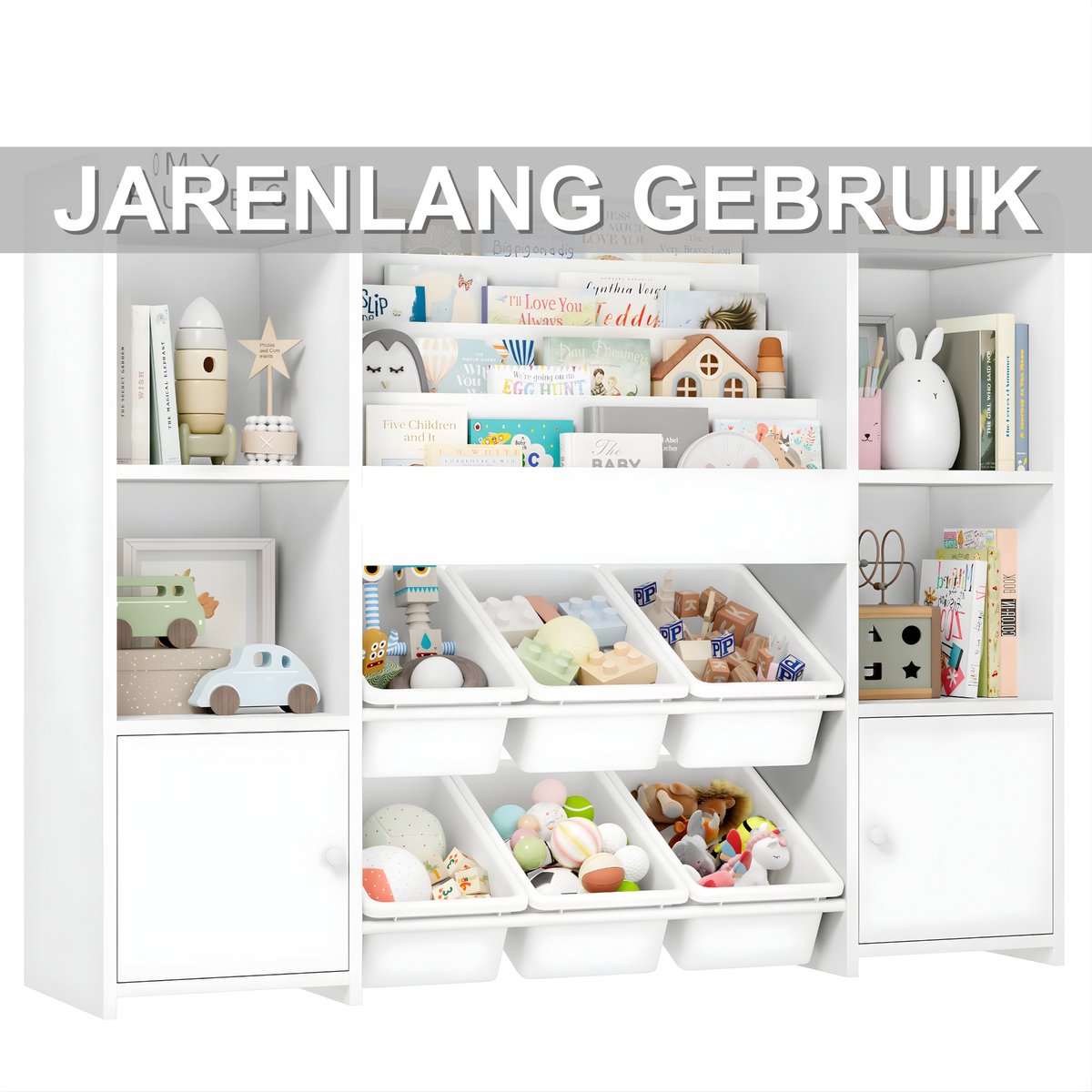 Speelgoedopbergkast – Kinderspeelkamer - Kinderboekenkast – Voor kinderen in kinderkamer of speelkamer – 6 verwijderbare dozen en 4-laags boekenplank – Wit