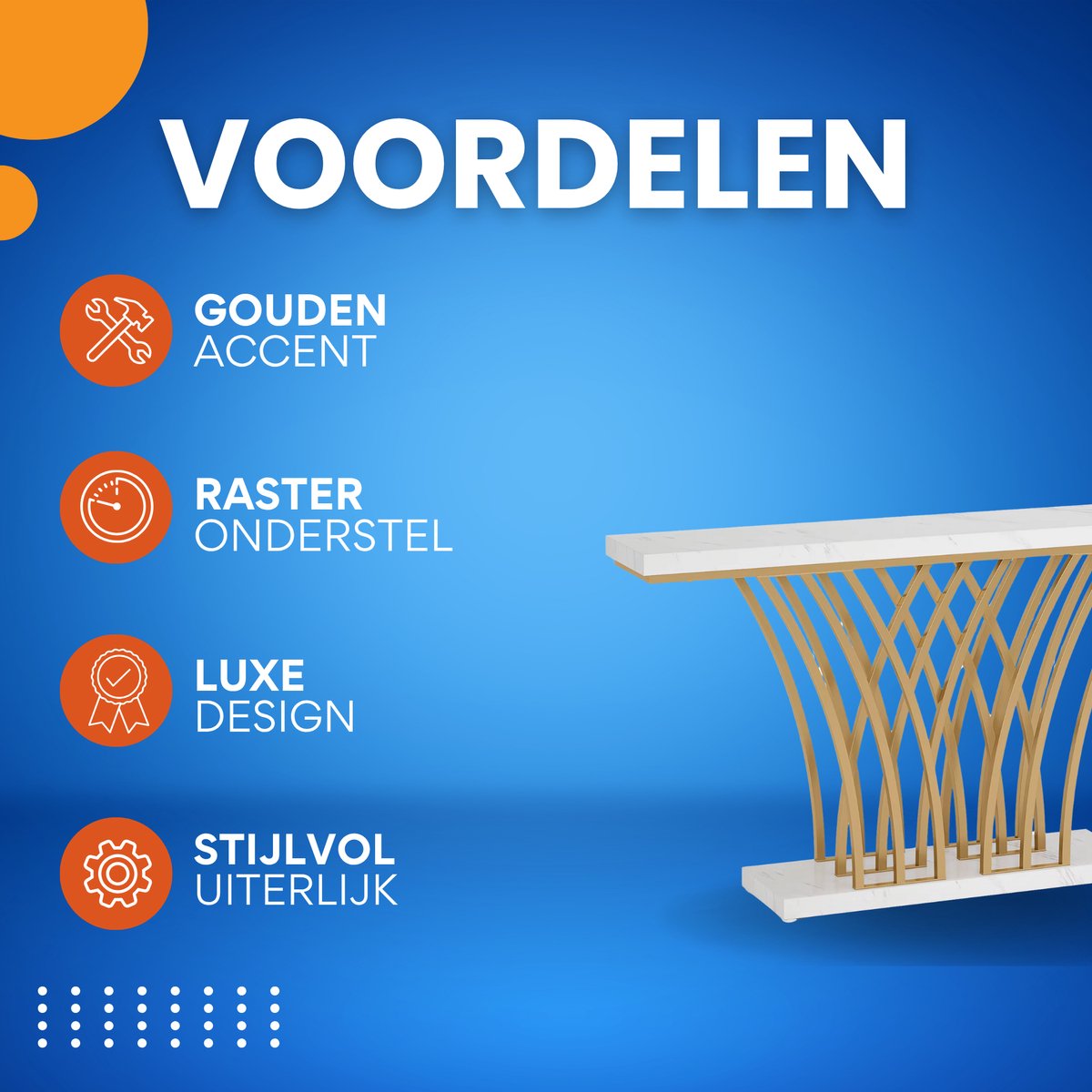 Consoletafel Novio - Goud - Sidetafel - Wandtafel - Haltafel - Zwart - Woonkamer - Wit Marmerlook
