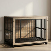 Houten Hondenbenche - Hondenren - Hondenkrat Bijzettafel met Afneembare Kommen en Dienblad - Dubbele Deuren Hondenkennel voor Middelgrote Honden Binnen - 100 x 68 x 64 cm - Grijs