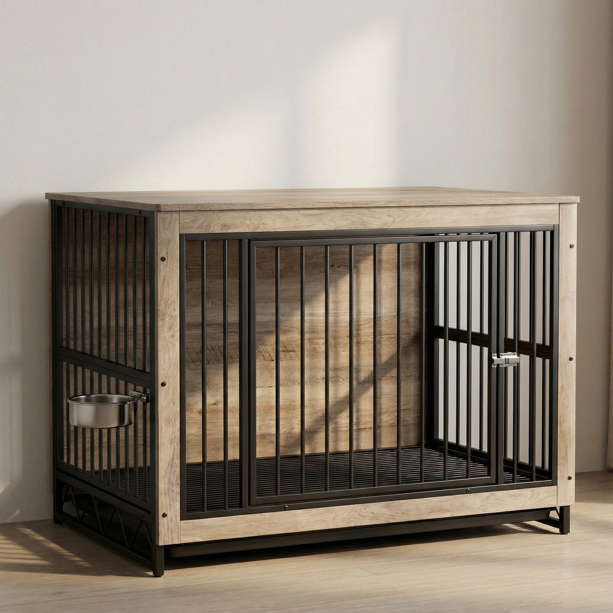 Houten Hondenbenche - Hondenren - Hondenkrat Bijzettafel met Afneembare Kommen en Dienblad - Dubbele Deuren Hondenkennel voor Middelgrote Honden Binnen - 100 x 68 x 64 cm - Grijs