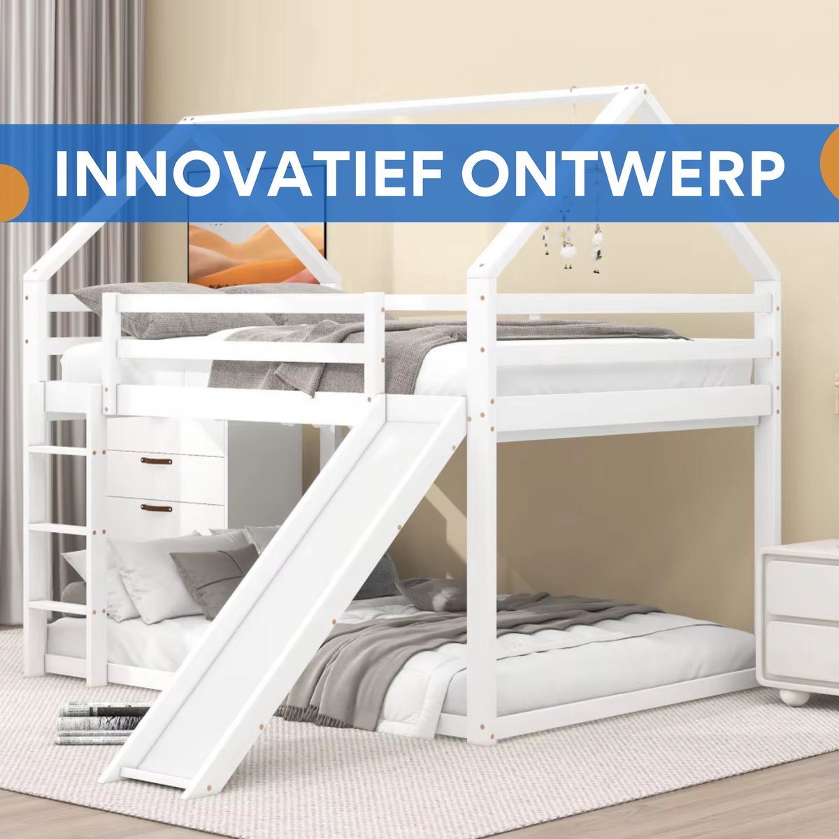 Stapelbed Valora voor kinderen - Met glijbaan - 140x200 cm - 2 kinderbedden - Hoogslaper - Met Hoektrap, valbeveiliging en raam - Peuterbed