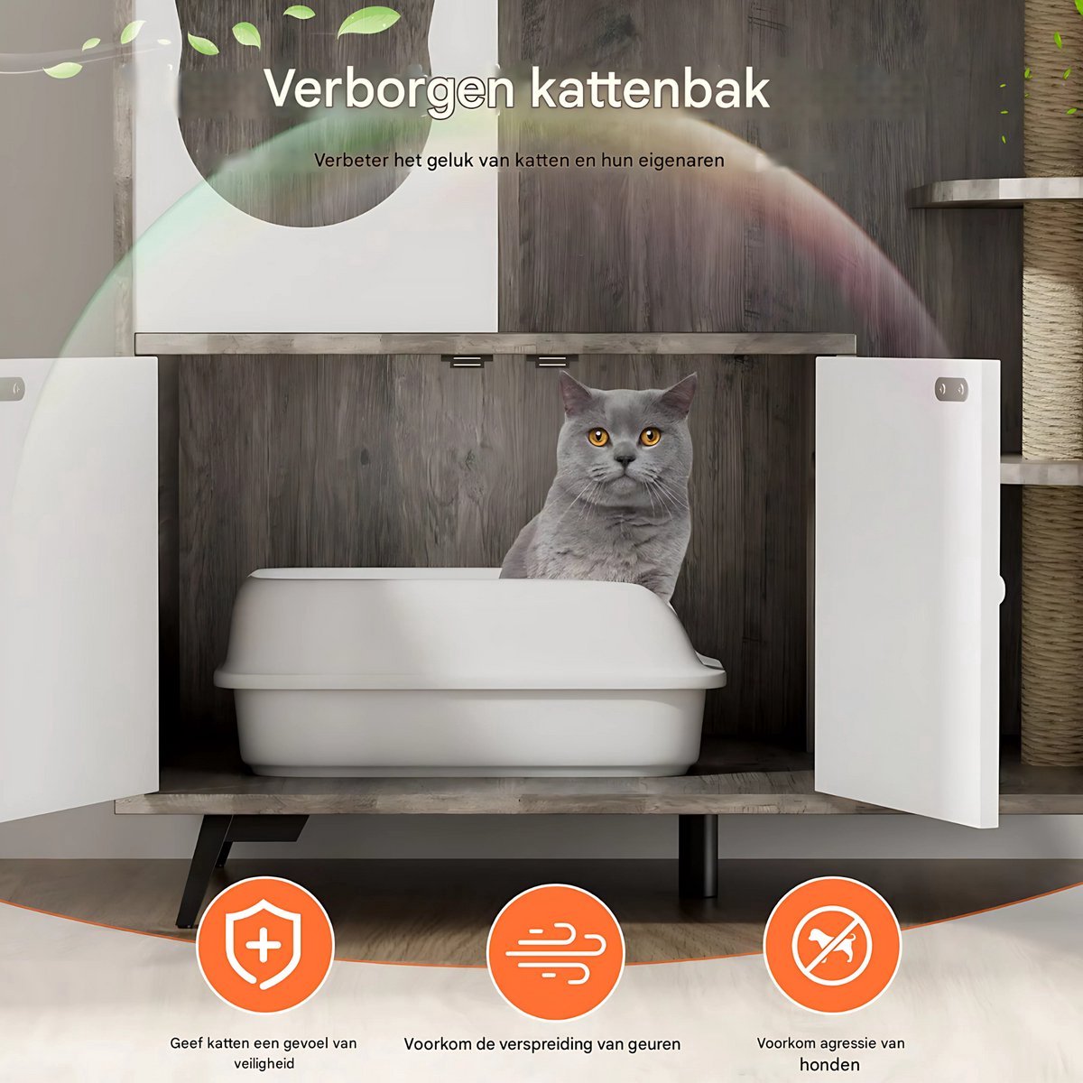 Grote Verborgen Kattenbakmeubilair Tavien - 3-Laags Planken met Kattenbakvanger - Kattenbakkast 100x92x50 cm voor de Woonkamer