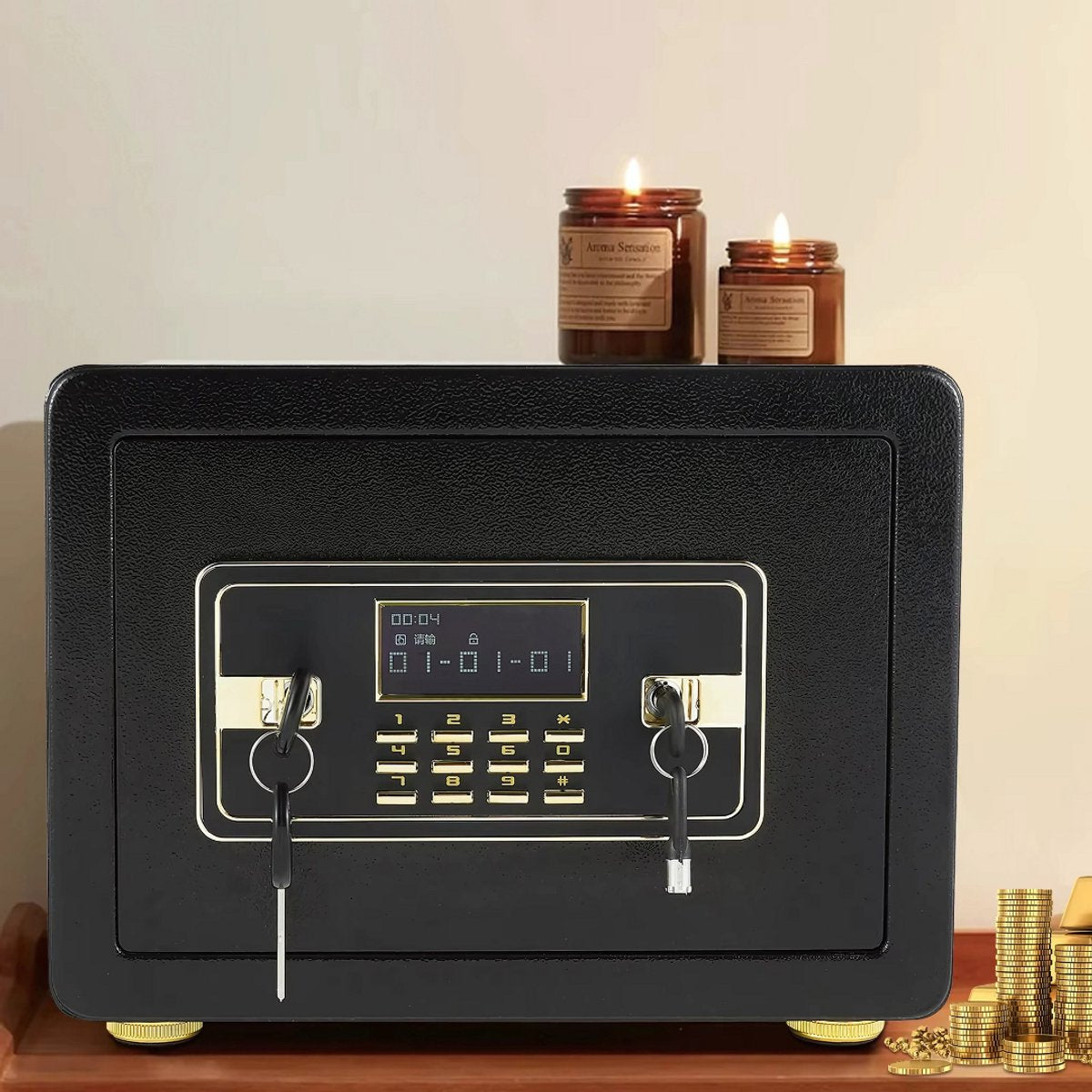 Kluis deluxe - 22L - Brandwerend en waterdicht - Kluisjes met cijferslot - Zwart/goud - 2 sleutels - Digitaal toetsenbord