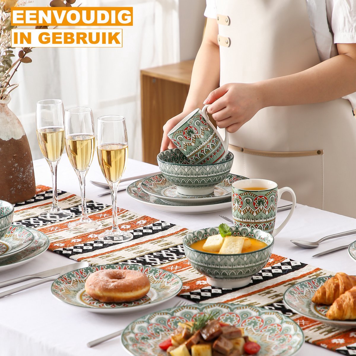 Vincetta Serviesset - 32 delig - 8 persoons - Groen - Dinerborden - Bordenset - Diepe borden - Servies - Ontbijtborden - Keukenservies