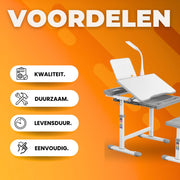 Kinderbureau set met in hoogte verstelbare student bureaustoel - Uittrekbare lade voor kinderen, geschikt voor 3-10 jaar studie - Lichtgrijs - 66,5 x 50 x 54–76,5 cm
