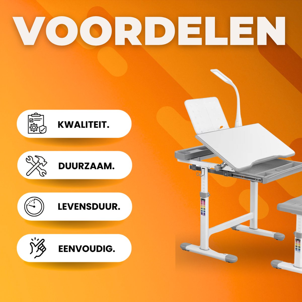 Kinderbureau set met in hoogte verstelbare student bureaustoel - Uittrekbare lade voor kinderen, geschikt voor 3-10 jaar studie - Lichtgrijs - 66,5 x 50 x 54–76,5 cm
