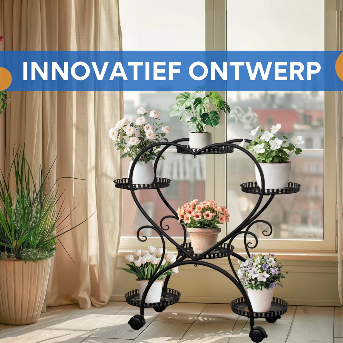Metalen Plantenstandaard Lovi - Voor Binnen & Buiten - Met wieltjes - 6 bloempotten - Zwart