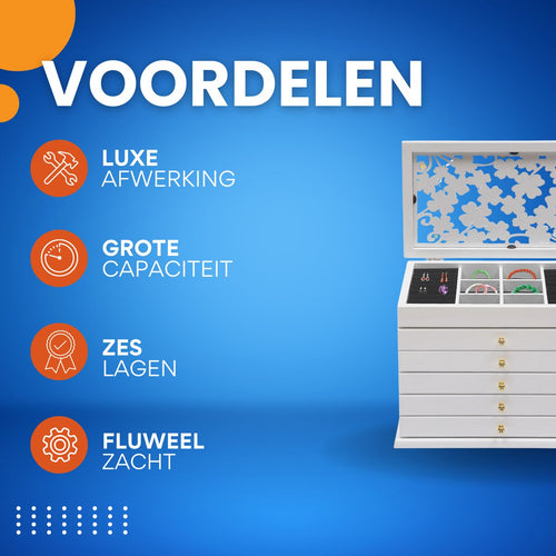 6-laags Sieradendoos - Juwelendoos - Opbergdoos - Voor Oorbellen, Kettingen & Horloges - Hout & Fluwelen Stof - Wit