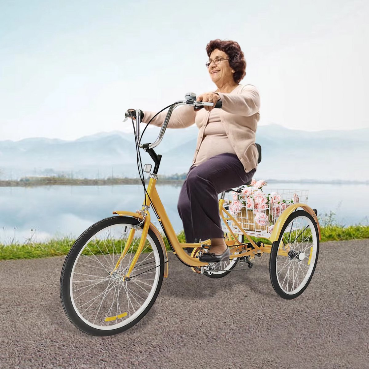 Driewieler voor volwassenen - 6 versnellingen - Fiets voor senioren - 24 Inch - Met mand - Voorrem - Geel