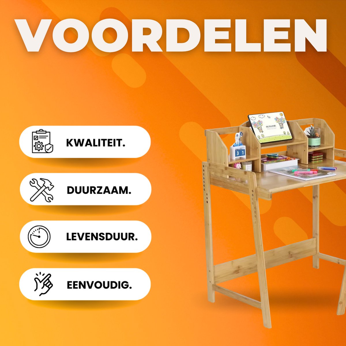 Kinderbureau met stoeltje - Kindertafel - Activiteiten tafel - Speeltafel Kinderbureau - In Hoogte Verstelbaar - Studeertafel voor Kinderen - Bamboe