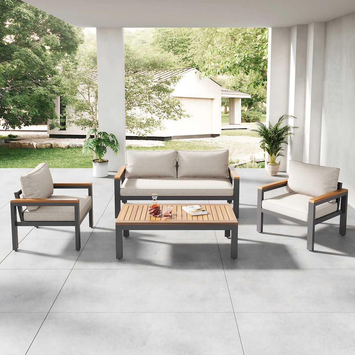 Tuinmeubelset - Loungeset - Tuinlounge Lounge Set - Stevig Gegalvaniseerd Stalen Frame - Acaciahout Tafel en Armleuningen - Beige Kleur