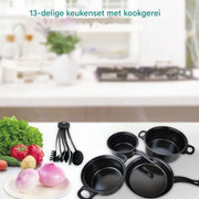 13-delige potten- en pannenset - Kookpannen - Kookpotten - Koekenpannen - Steelpan - Voor keuken & koken - Antiaanbaklaag met melkpot en koekenpan - Compleet keukengerei - Zwart