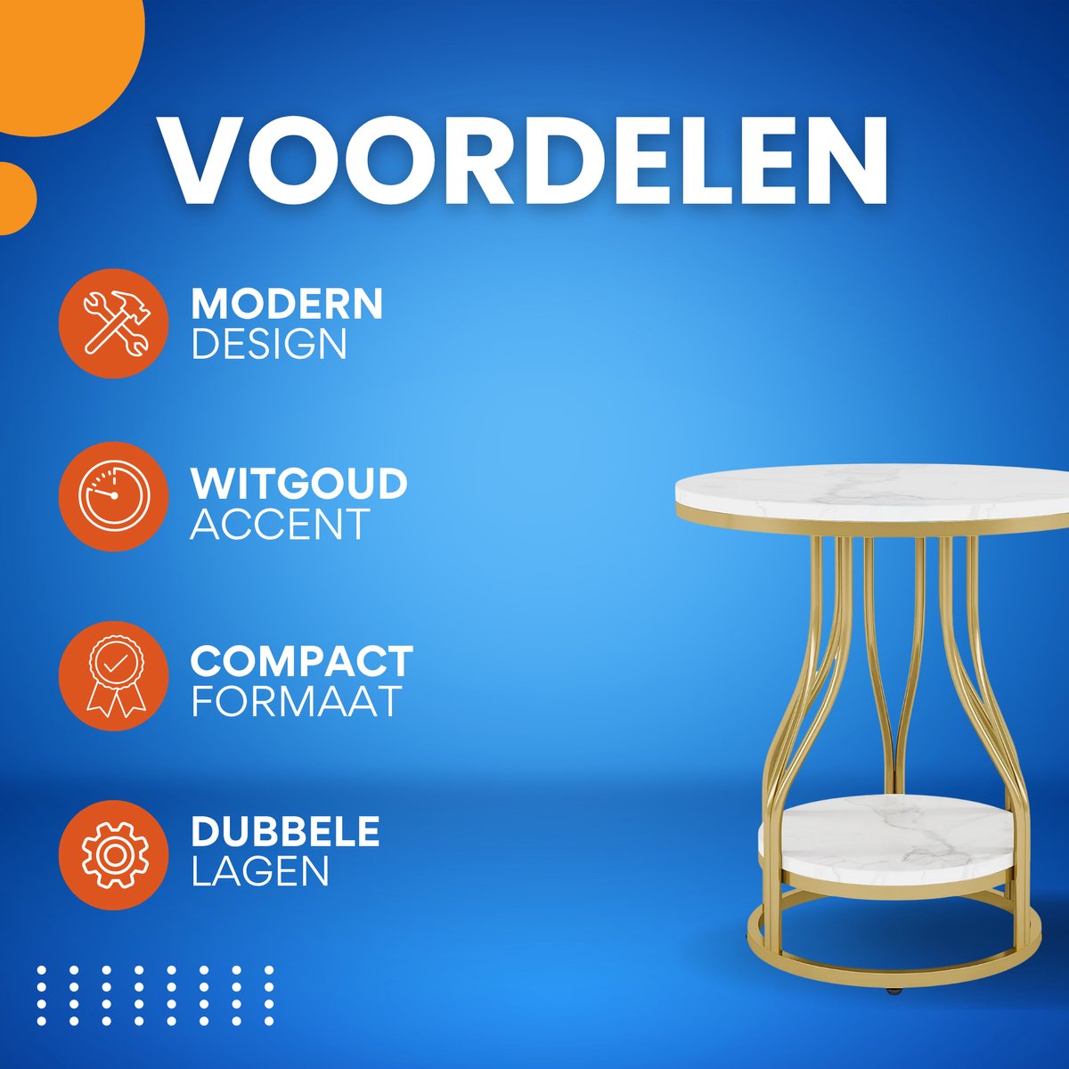 Moderne Bijzettafel met 2 Lagen - Marmerlook - Goud - Voor woonkamer of slaapkamer - Tafeltje