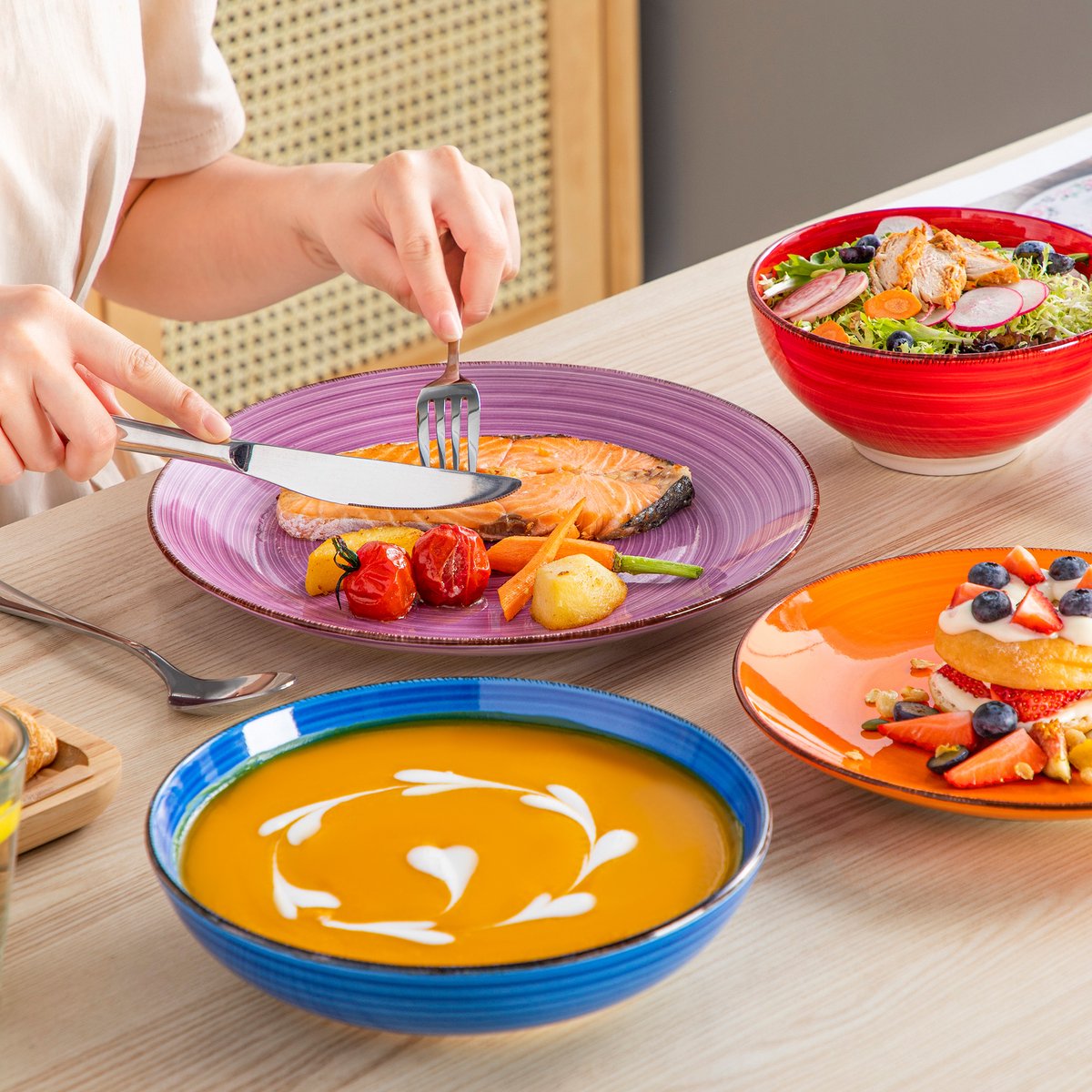 Sorella Dessertborden - 48 delig - 6 persoons - Kleurrijk - Dinerborden - Bordenset - Diepe borden - Ontbijtborden - Servies - Keukenservies