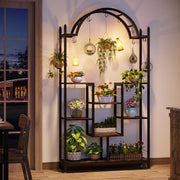Plantenstandaard Vexal - 5 lagen - Gebogen Metalen Plantenrek - 190 cm hoog × 100 cm breed × 30 cm diep - Met Hangende Haken - Grote Bloemen