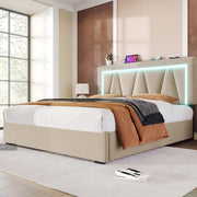 Bed - Tweepersoonsbedden - Tweepersoonsbed - Twijfelaar - Voor Slaapkamer - Met LED-verlichting, USB-C Oplaadfunctie, Lattenbodem & Opbergruimte - Linnen Bekleding - Inclusief Matras - 140x200 cm