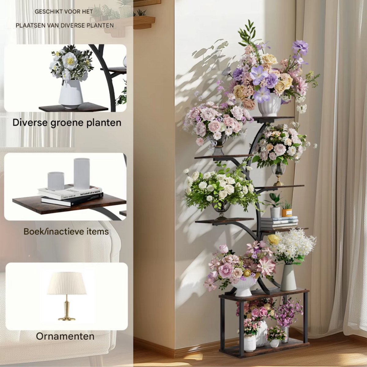 Plantenstandaard Opulence - Deluxe - 151cm - Plantenrek - Plantentafel - Voor binnen & buitengebruik - Bloempothouder - Metaal en hout