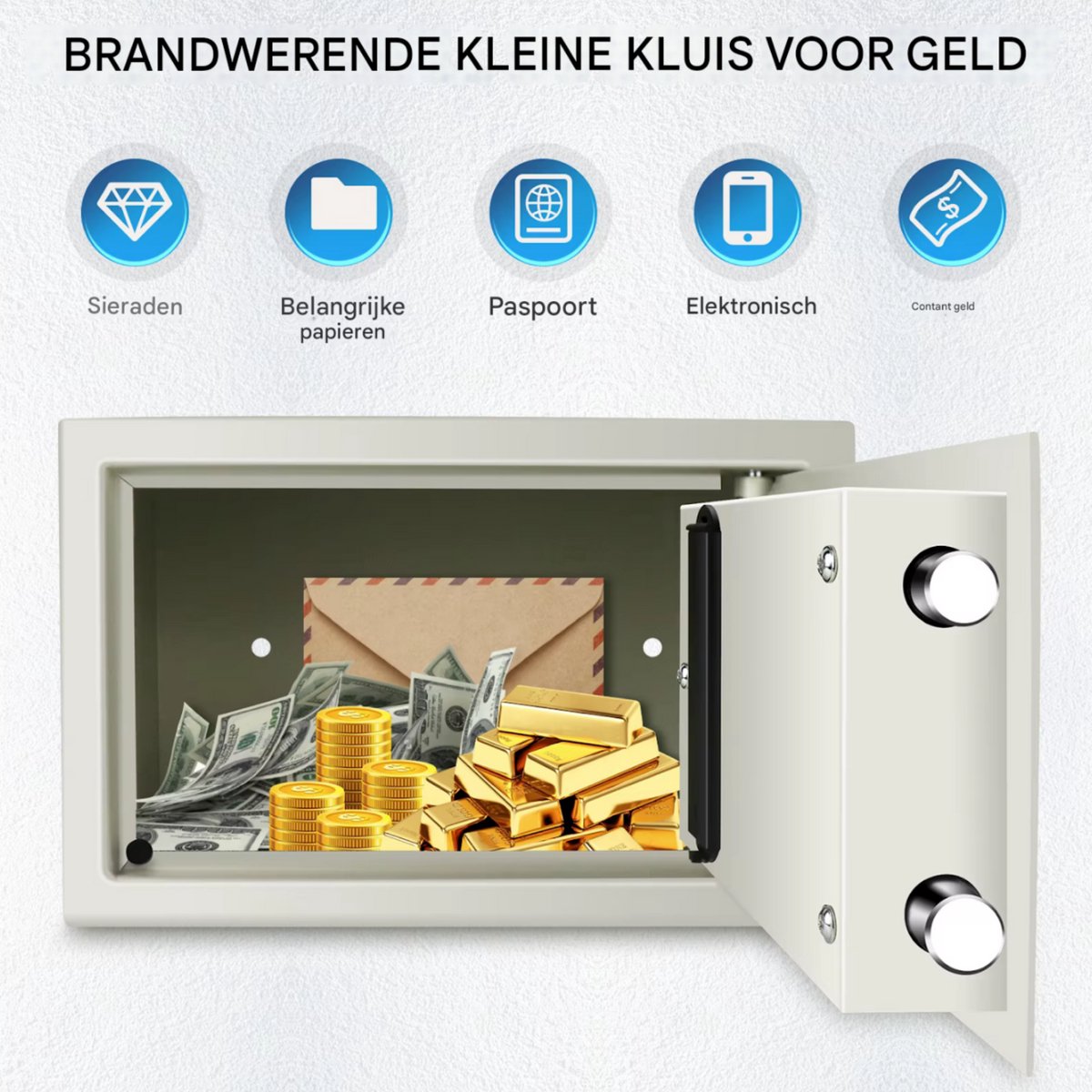 Luxe kluis Zyren - Brandwerende Waterdichte Veiligheidskluis - 2 Handmatige Override Sleutels - Veiligheidsbox met Dubbel Digitaal Toetsenbord en Sleutel