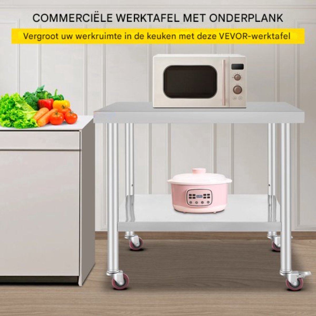 Keuken Werktafel - Commercieel - RVS - Verrijdbaar - Zilver - 95x61cm