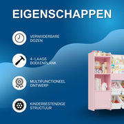 Speelgoedopbergkast – Kinderspeelkamer - Kinderboekenkast – Voor kinderen in kinderkamer of speelkamer – 6 verwijderbare dozen en 4-laags boekenplank – Roze