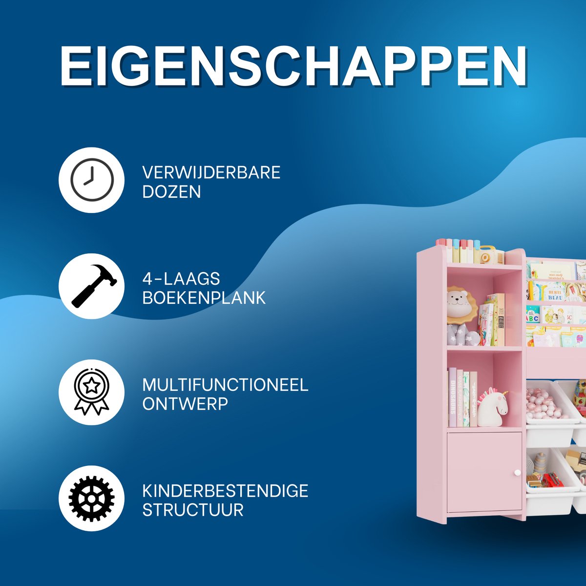 Speelgoedopbergkast – Kinderspeelkamer - Kinderboekenkast – Voor kinderen in kinderkamer of speelkamer – 6 verwijderbare dozen en 4-laags boekenplank – Roze
