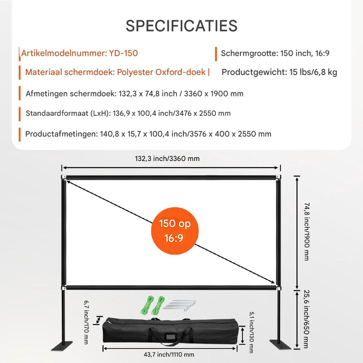 Beamer scherm - 150 inch - Thuisbioscoop - Draagbaar projectorscherm
