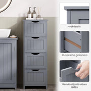 Badkamerkast Smal met 4 Laden - Vrijstaande Houten Kast 30x82x30 cm - Geschikt voor Badkamer & Woonkamer