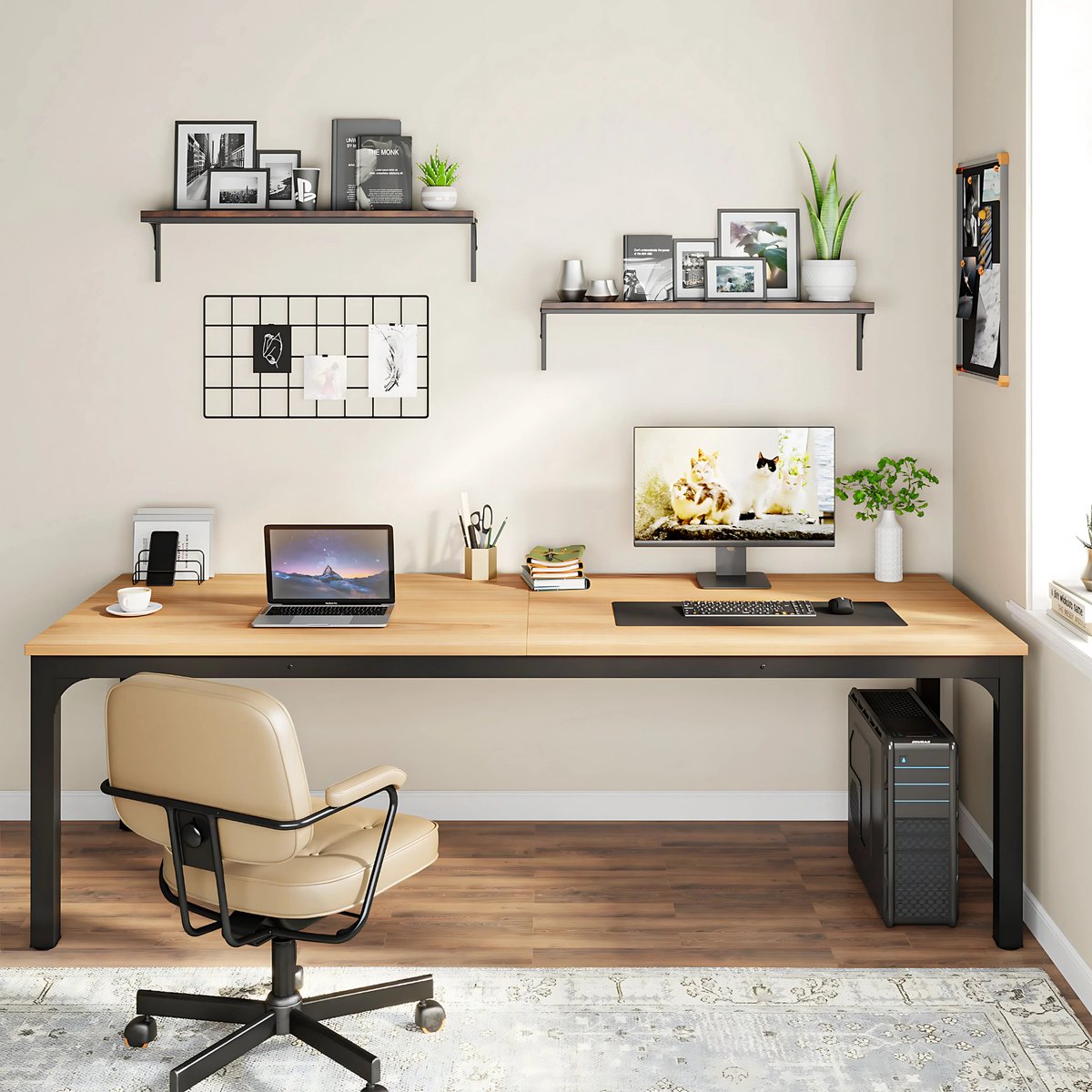 Computerbureau Milano - Voor 2 Personen - 200cm - Naturel - Voor thuis of werk - Hout en metaal