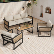 4-delig Tuinmeubelset - Loungeset - Tuinlounge Lounge Set - Voor Tuin of Terras - 3 Sofa’s, 2 Fauteuils & Salontafel - Kunststof Hout, Touw & Gegalvaniseerd Staal