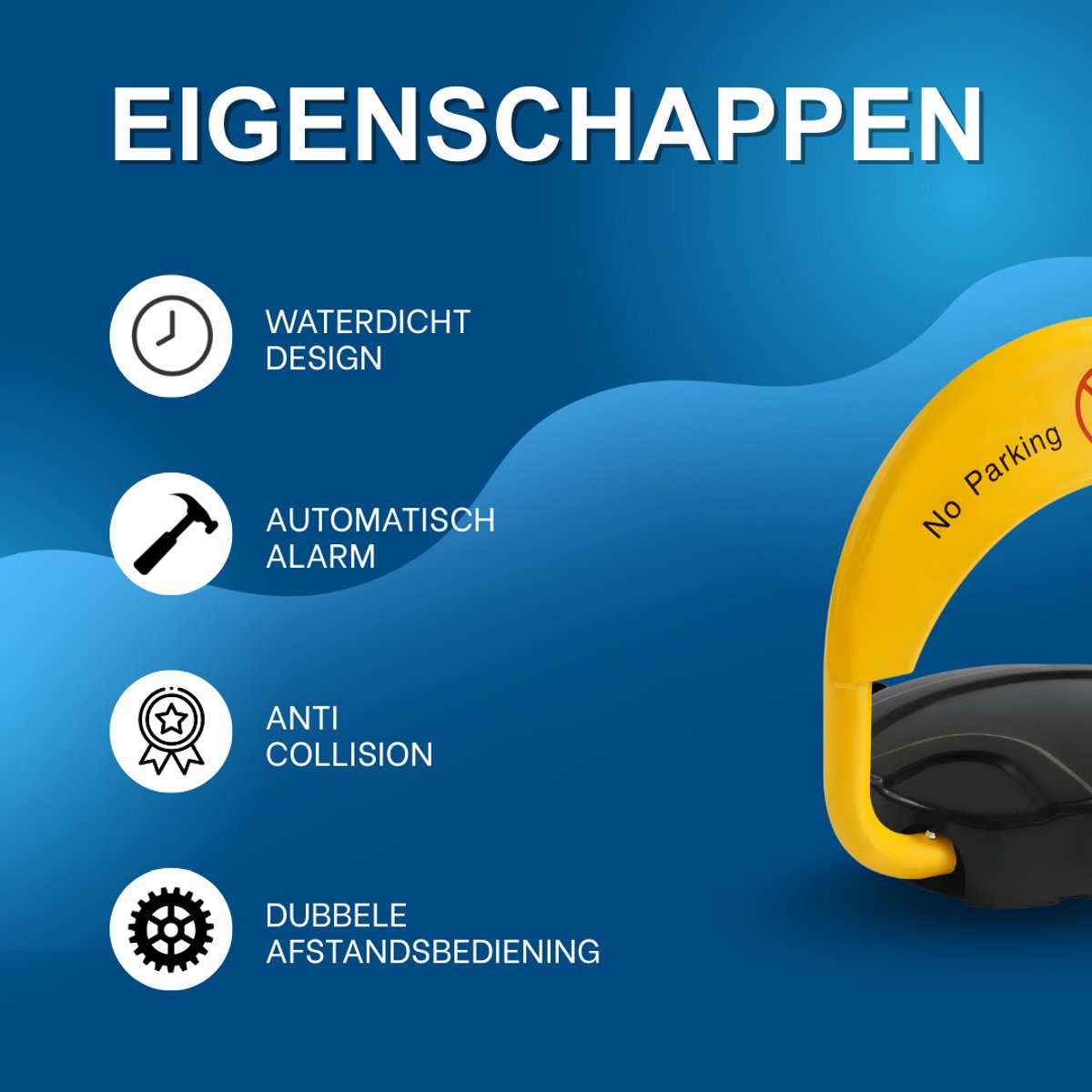 Elektronisch parkeerslot – Voor privégebruik – Robuust, IP67 waterdicht, 2 afstandsbedieningen, 180° antibotsing en automatisch alarm – Yellow