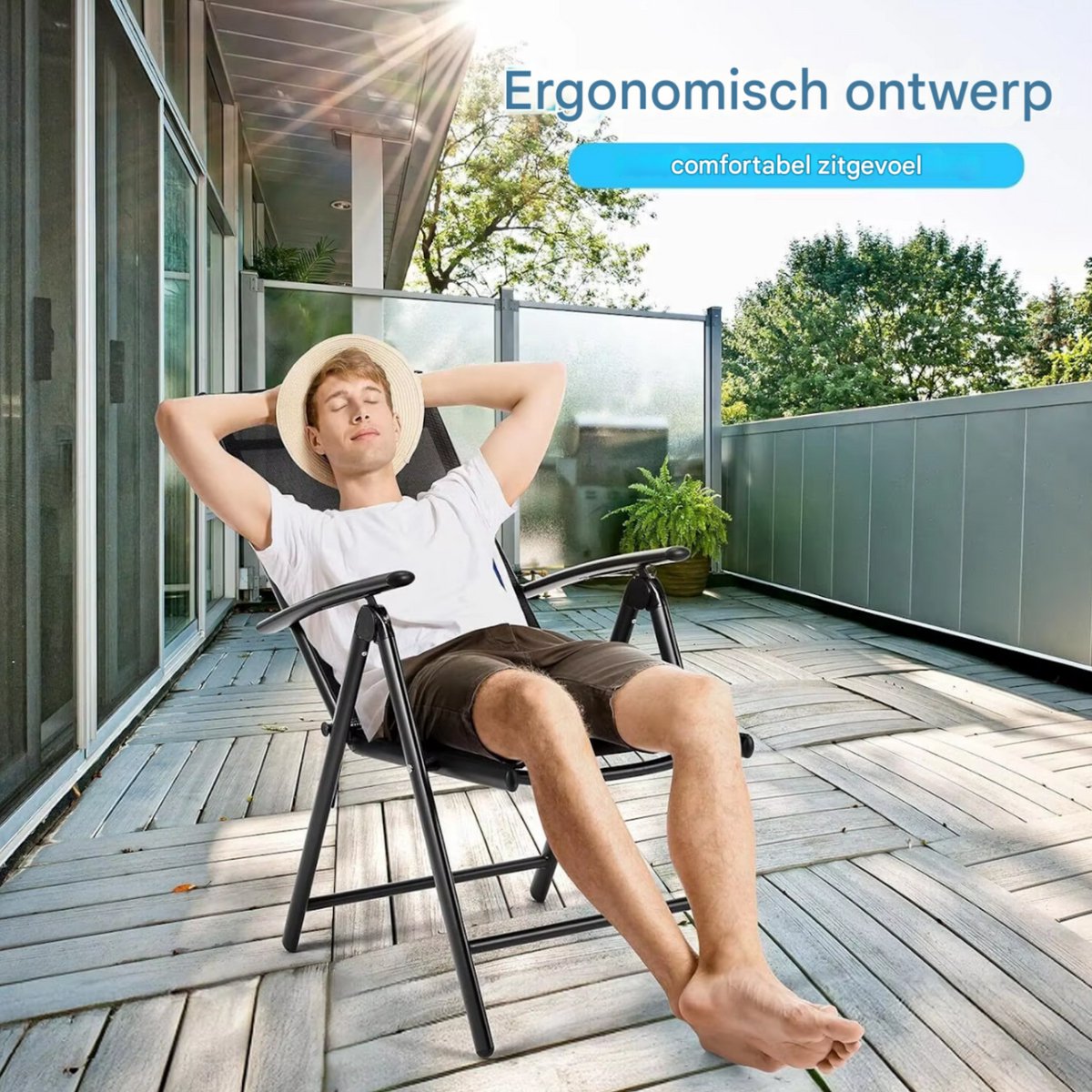 Deluxe Tuinstoelen - Tuinmeubels - Voor Tuin, Balkon & Camping - Hoge Rug, 7-Way Verstelbaar met Armleuningen - Duurzaam Aluminium & Ademend - 2 stuks - Zwart
