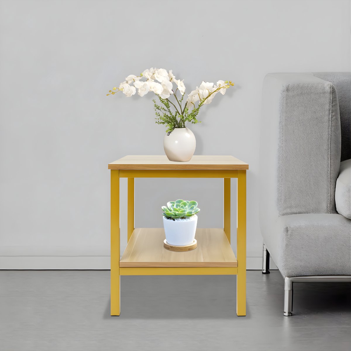 Bijzettafel met opbergruimte - Voor woonkamer of slaapkamer - Tafeltje met plank en opslagfunctie - Geel