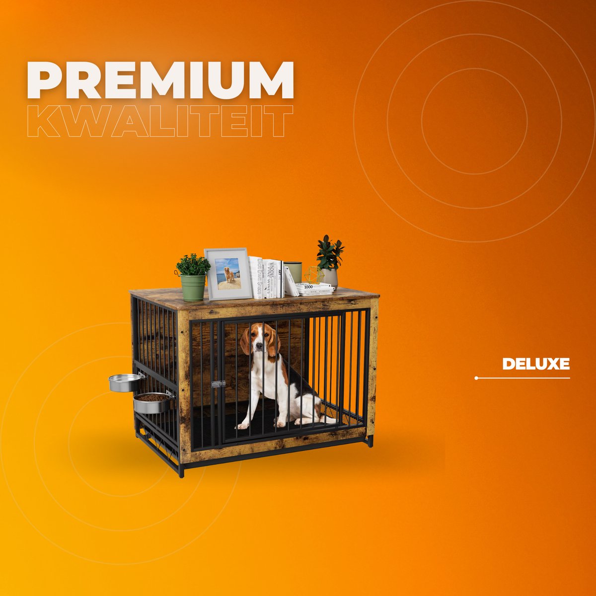 Houten Hondenbenche - Hondenren - Hondenkrat Bijzettafel met Afneembare Kommen en Dienblad - Dubbele Deuren Hondenkennel voor Middelgrote Honden Binnen - 100 x 68 x 64 cm - Bruin