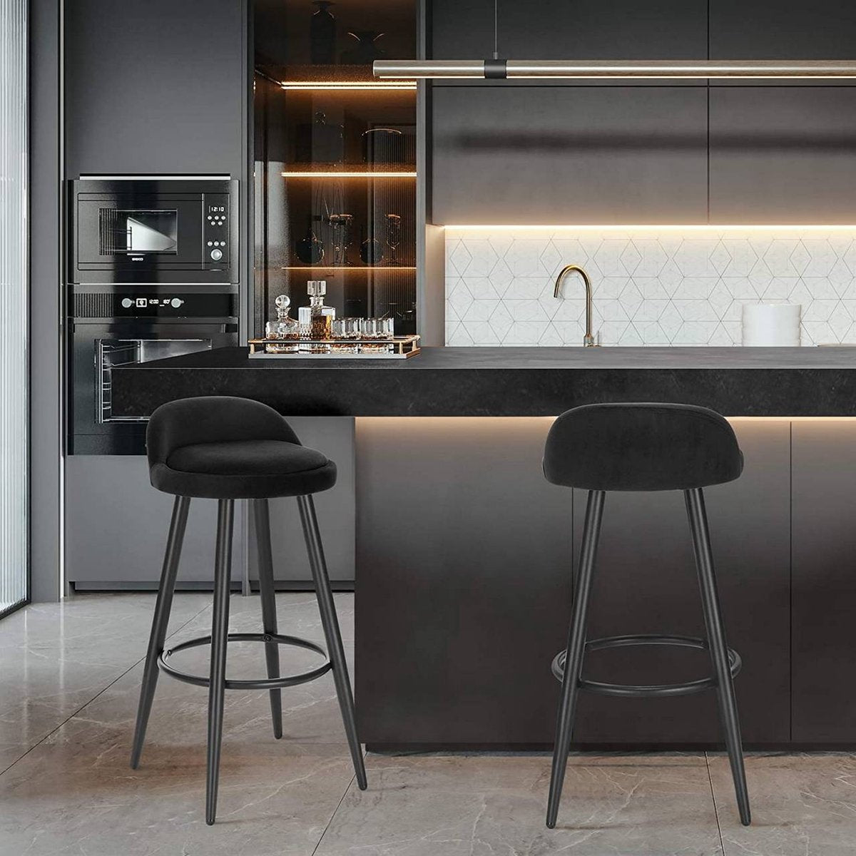 Velvet Barkrukken Dublin - Set van 2 - Zwart - Met rugleuning - Barstoelen ergonomisch - Keuken - Zithoogte 69cm