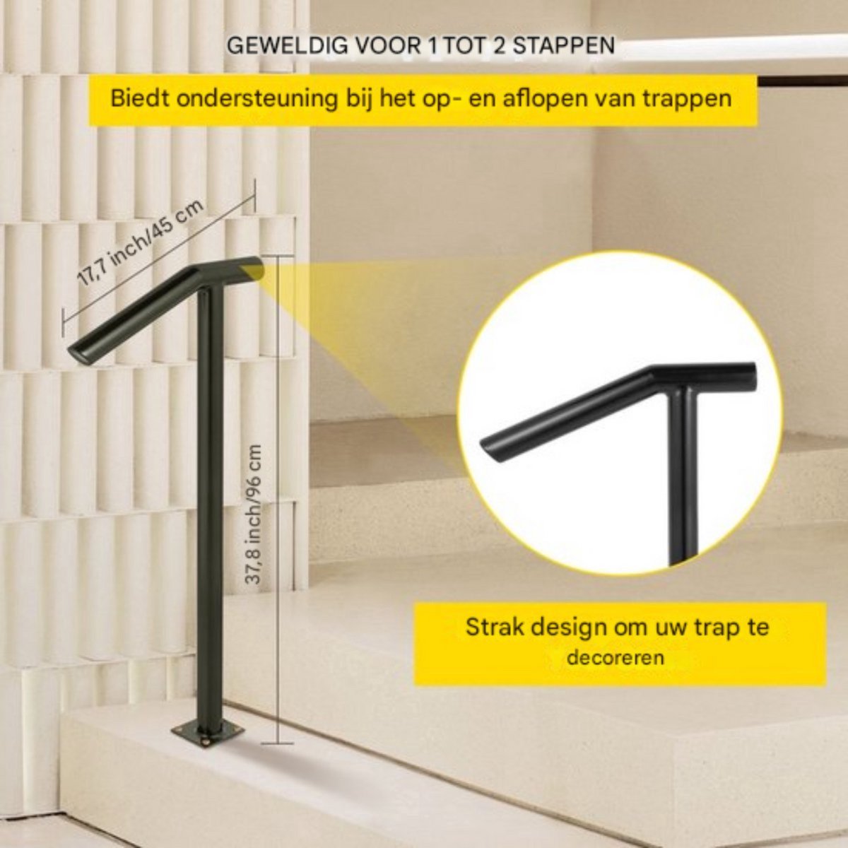 Korte trapleuning - Balustrade - Houders - Leuningen voor Trappen - Staal - Met trapleuninghouders - 45CM
