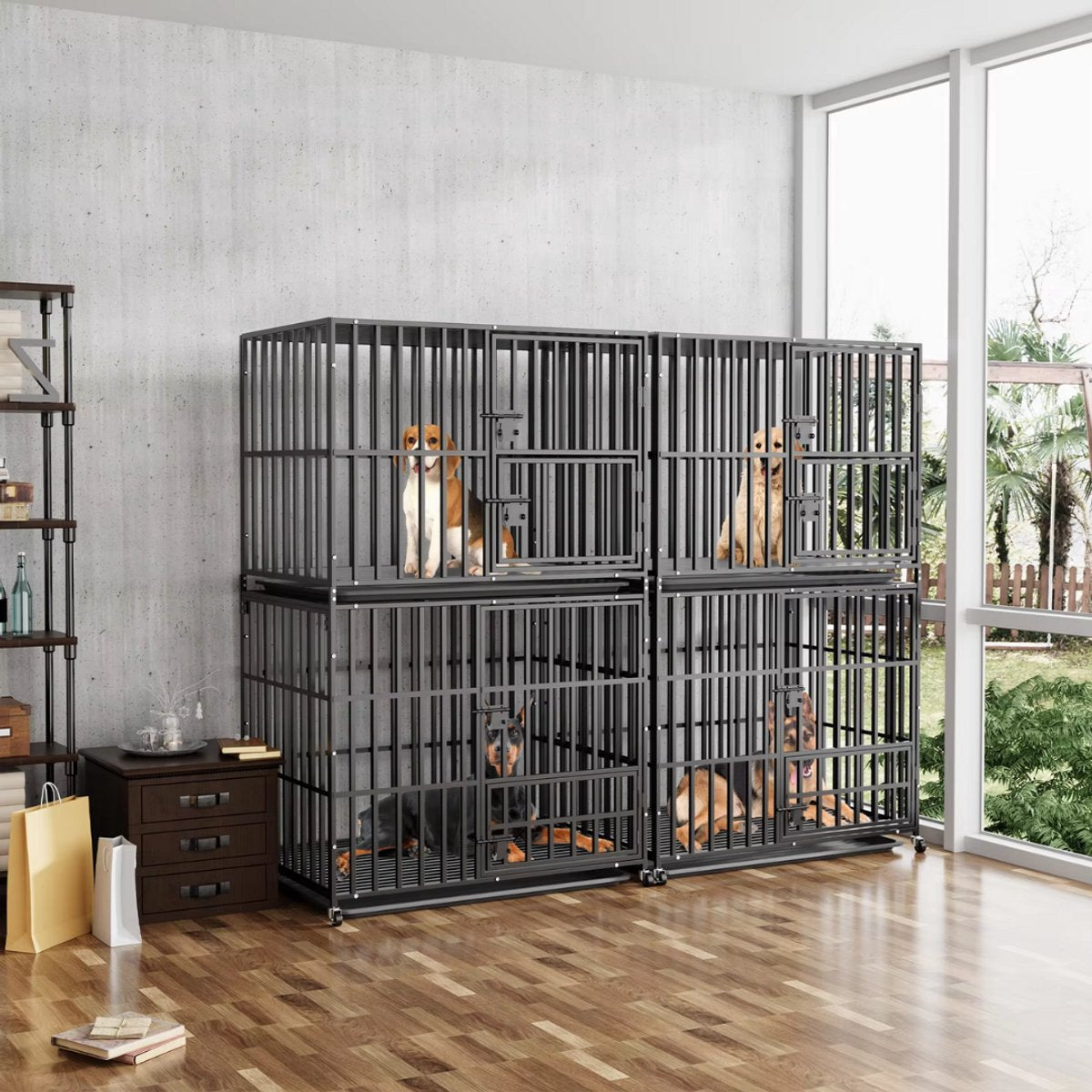 Dubbele Hondenmand Rex - Hondenkennel - Meubelbench Bijzettafel - Metalen Hondenkrat & Walnoot - Binnenbench - 160 cm Hoog - 107 cm breed