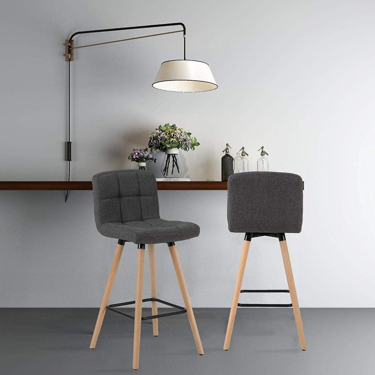 Barkruk Nelson - Met hoge rugleuning - Linnen - Barstoelen - Ergonomisch - Zithoogte 70cm - Donkergrija - Set van 2 - Keuken en bar