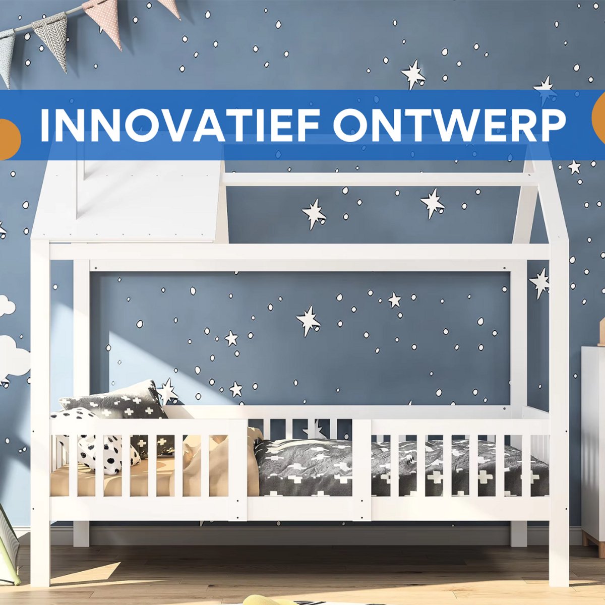 Kinderbed 90 x 200 cm - Voor Kinderen - Peuterbed - Met valbeveiliging - Met lattenbodem - Zonder matras