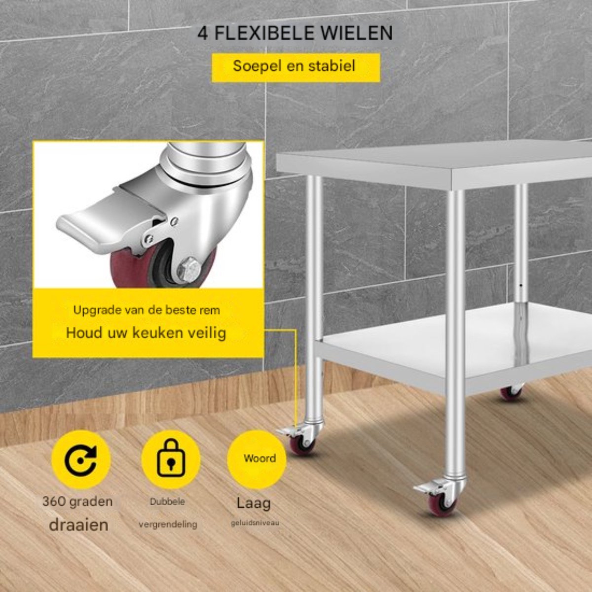 Keuken Werktafel - Commercieel - RVS - Verrijdbaar - Zilver - 95x61cm