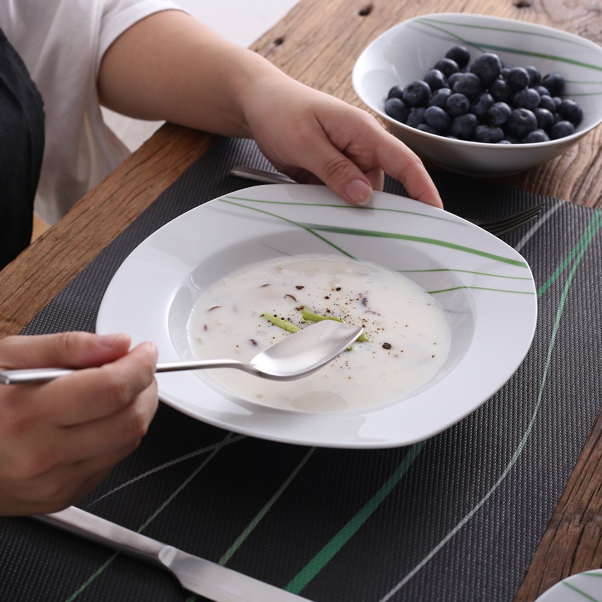 Ventina Salade Kom - 30 delig - Wit/Groene Strepen - Dinerborden - Bordenset - Diepe borden - Ontbijtborden - Servies - Keukenservies