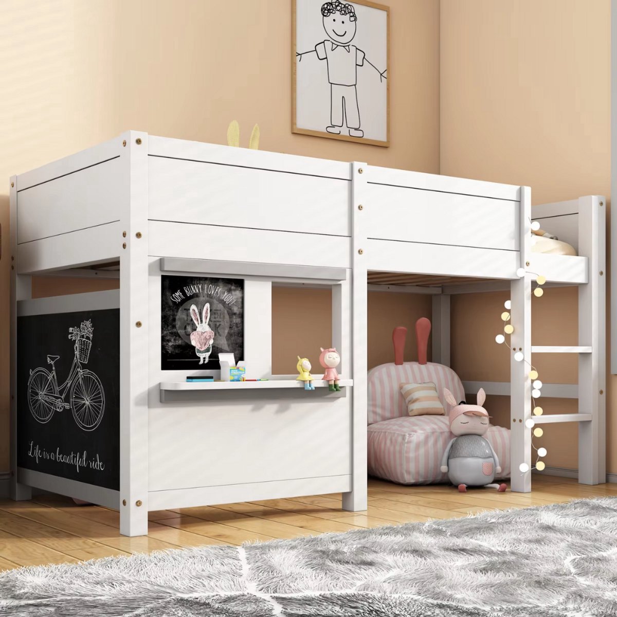 Kinderbed Tavien 90 x 200 cm - Voor Kinderen - Huisbed - Peuterbed - Met valbeveiliging - Met lattenbodem - Zonder matras