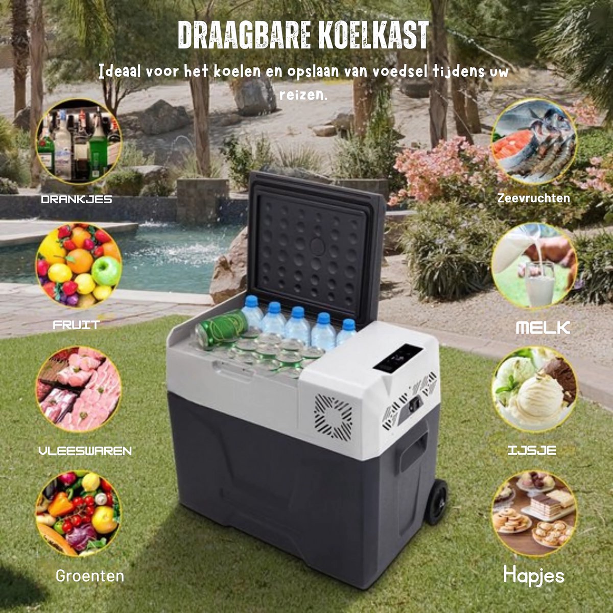 Auto Koelbox met Compressor – 50L Draagbare Koelkast met LCD Display – 12/220V Campingkoeler