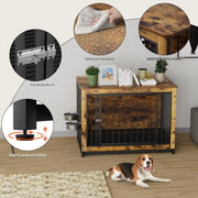 Houten Hondenbenche - Hondenren - Hondenkrat Bijzettafel met Afneembare Kommen en Dienblad - Dubbele Deuren Hondenkennel voor Middelgrote Honden Binnen - 100 x 68 x 64 cm - Bruin
