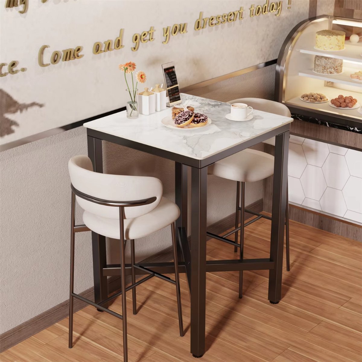 Nervio Bartafel - 70cm - Voor binnen - Keuken, woonkamer, restaurant - Marmer look - 4 personen - Glossy wit
