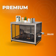 Houten Hondenbenche - Hondenren - Hondenkrat Bijzettafel met Afneembare Kommen en Dienblad - Dubbele Deuren Hondenkennel voor Middelgrote Honden Binnen - 99 x 63 x 75 cm - Grijs